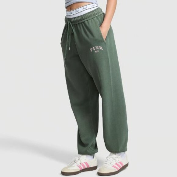 VS Pink Ivy Fleece Campus Sweatpants Wild Thyme Green Large - Picture 1 of 6